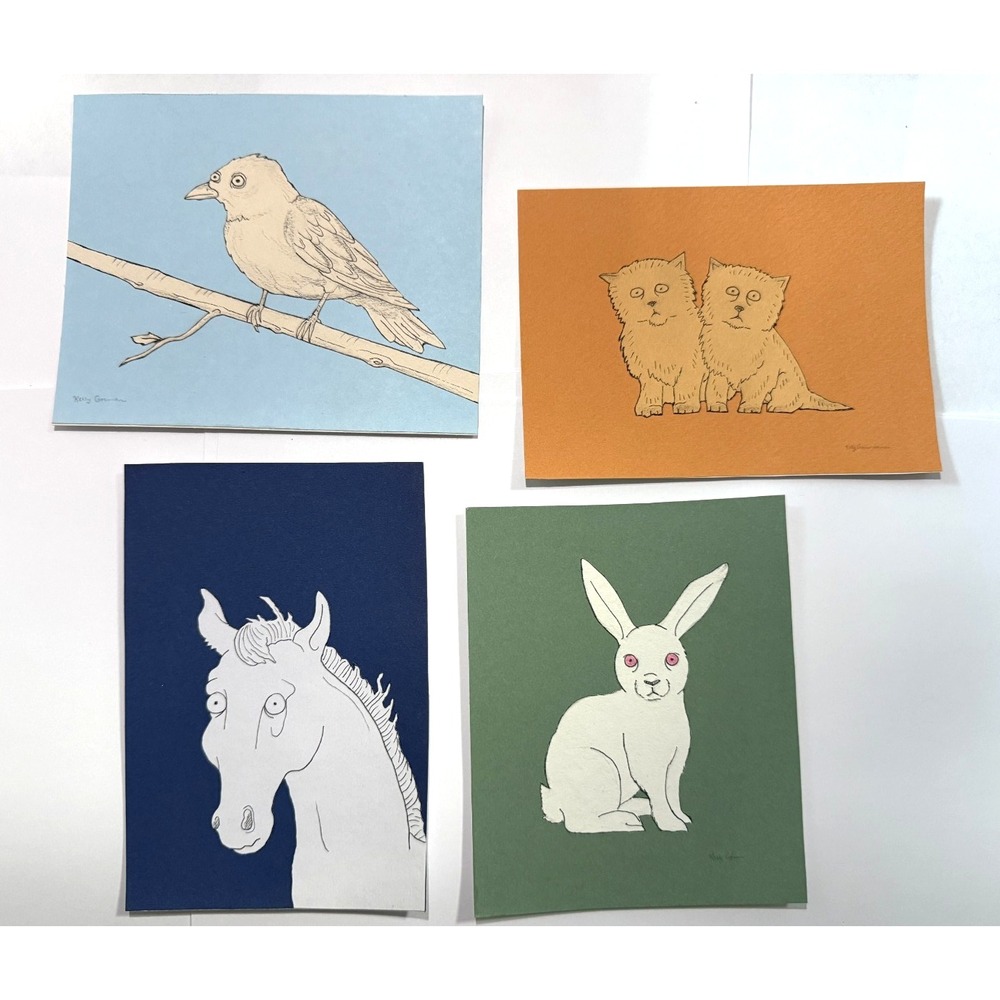 Lot of 4 Original OOAK Portrait Animal Drawing Pen Ink Collage Art Handmade